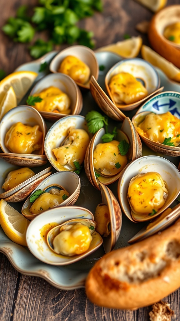 A platter of golden baked clams topped with garlic butter and parsley, with lemon wedges and a baguette.